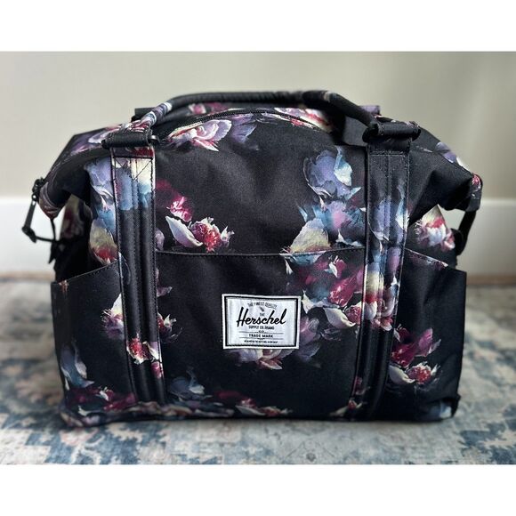 HERSCHEL Black Purple Dark Floral Double Top Handle Large Utility Duffle Bag - Picture 1 of 11